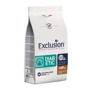 Exclusion veterinary diet diabetic maiale riso e piselli medium&large breed 12KG
